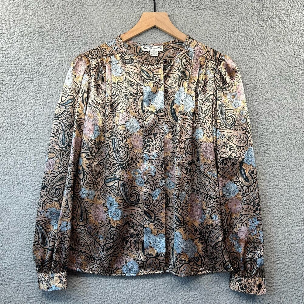 EVA LAUREL Satin Button Up Top 6 Paisley Floral 70s 80s Boho Vintage Retro Work